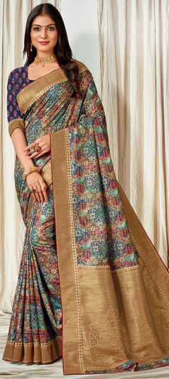 Multicolor color Saree in Tussar Silk fabric with Digital Print, Kasab work