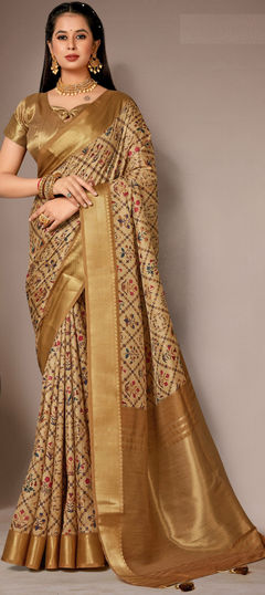 Beige and Brown color Saree in Art Silk fabric with Digital Print, Zari work