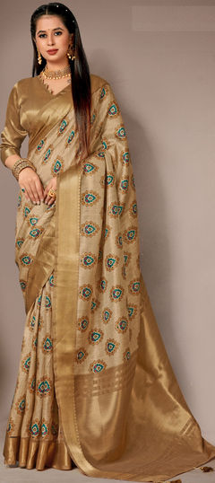 Beige and Brown color Saree in Art Silk fabric with Digital Print, Zari work