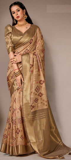 Beige and Brown color Saree in Art Silk fabric with Digital Print, Zari work