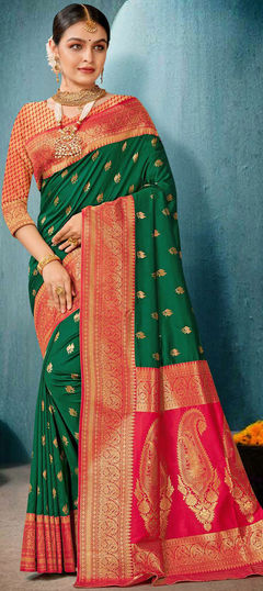 Green color Saree in Banarasi Silk, Silk fabric with Weaving, Zari work