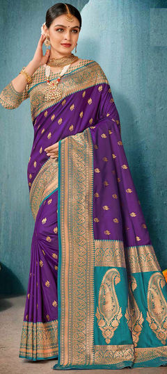 Purple and Violet color Saree in Banarasi Silk, Silk fabric with Weaving, Zari work