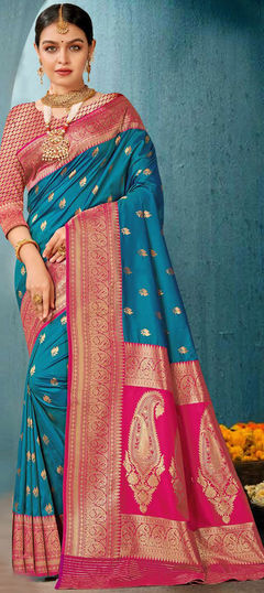 Blue color Saree in Banarasi Silk, Silk fabric with Weaving, Zari work