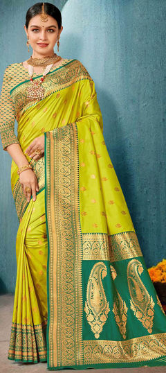 Green color Saree in Banarasi Silk, Silk fabric with Weaving, Zari work