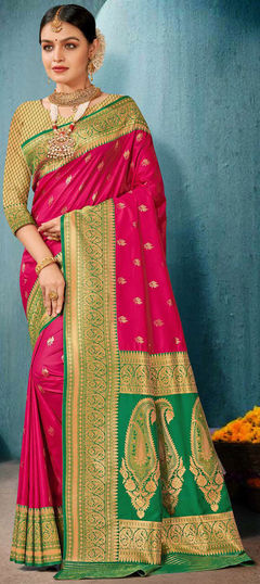 Pink and Majenta color Saree in Banarasi Silk, Silk fabric with Weaving, Zari work