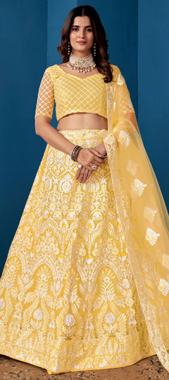 Yellow color Lehenga in Net fabric with Border, Embroidered, Sequence, Thread work