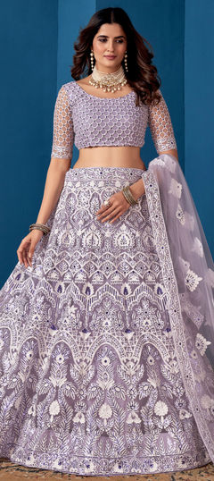 Purple and Violet color Lehenga in Net fabric with Border, Embroidered, Sequence, Thread work