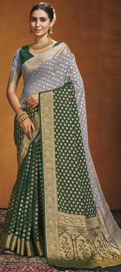 Black and Grey, Green color Saree in Georgette fabric with Weaving work