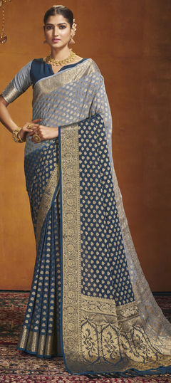 Black and Grey, Blue color Saree in Georgette fabric with Weaving work