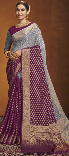 Black and Grey, Purple and Violet color Saree in Georgette fabric with Weaving work