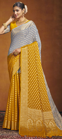 Black and Grey, Yellow color Saree in Georgette fabric with Weaving work