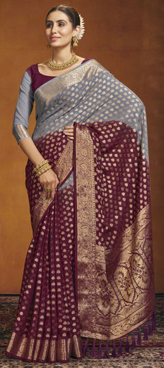 Black and Grey, Purple and Violet color Saree in Georgette fabric with Weaving work