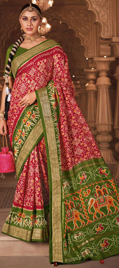 Green, Red and Maroon color Saree in Art Silk, Silk fabric with Printed work