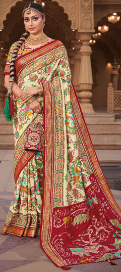 Beige and Brown color Saree in Art Silk, Silk fabric with Printed work