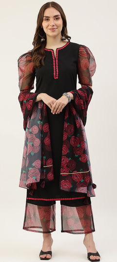 Festive, Party Wear, Reception Black and Grey color Salwar Kameez in Poly Silk fabric with Straight Embroidered, Printed, Thread work : 1922453