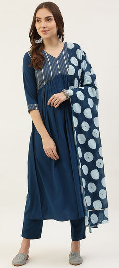 Festive, Party Wear, Reception Blue color Salwar Kameez in Poly Silk fabric with A Line Printed, Sequence work : 1922460