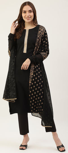 Black and Grey color Salwar Kameez in Poly Silk fabric with Lace work