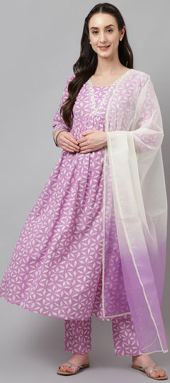 Purple and Violet color Salwar Kameez in Cotton fabric with Printed, Resham, Thread work