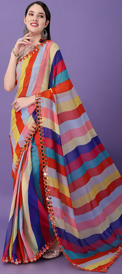 Multicolor color Saree in Georgette fabric with Lehariya, Mirror, Printed work