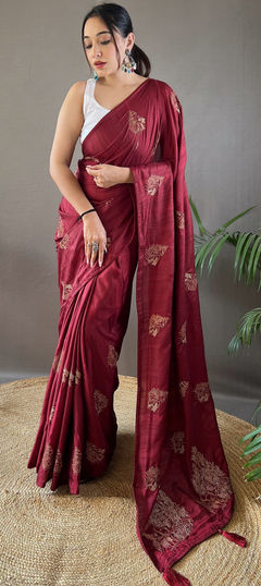 Festive, Traditional Red and Maroon color Saree in Art Silk, Silk fabric with South Weaving, Zari work : 1922525