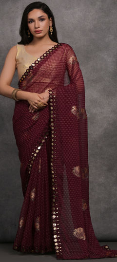 Red and Maroon color Saree in Georgette fabric with Foil Print, Mirror work