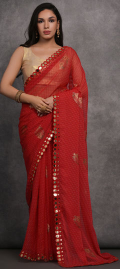 Red and Maroon color Saree in Georgette fabric with Foil Print, Mirror work