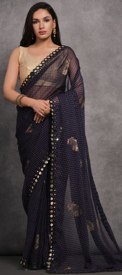 Blue color Saree in Georgette fabric with Foil Print, Mirror work