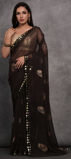 Festive, Party Wear Black and Grey color Saree in Georgette fabric with Classic Foil Print, Mirror work : 1922557