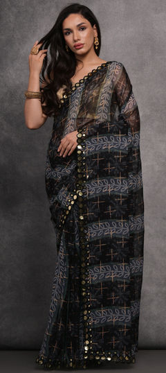 Black and Grey color Saree in Georgette fabric with Bandhej, Foil Print, Mirror work