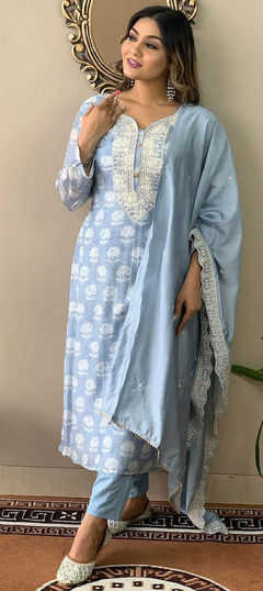 Festive, Party Wear, Reception Blue color Salwar Kameez in Viscose fabric with Straight Embroidered, Printed work : 1922628