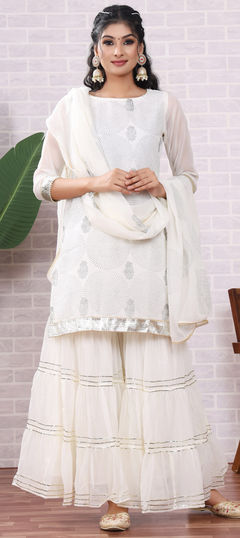 Reception, Wedding White and Off White color Salwar Kameez in Georgette fabric with Sharara, Straight Gota Patti, Printed work : 1922664