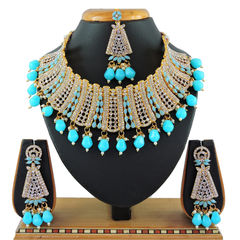 Gold Rodium Polish Blue color Necklace in Metal Alloy studded with CZ Diamond, Pearl