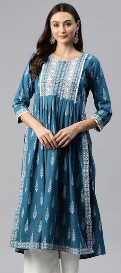 Festive, Summer Blue color Kurti in Cotton fabric with Anarkali Lace, Printed work : 1922742