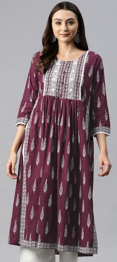 Festive, Summer Red and Maroon color Kurti in Cotton fabric with Anarkali Lace, Printed work : 1922743