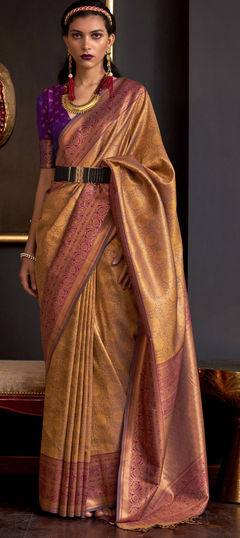 Beige and Brown color Saree in Art Silk, Silk fabric with Weaving work