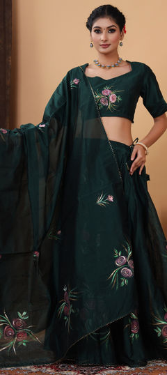 Green color Ready to Wear Lehenga in Chanderi Silk fabric with Floral, Lace, Printed work