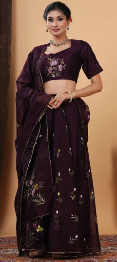 Purple and Violet color Ready to Wear Lehenga in Chanderi Silk fabric with Floral, Lace, Printed work