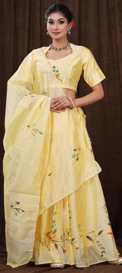 Yellow color Ready to Wear Lehenga in Chanderi Silk fabric with Floral, Lace, Printed work