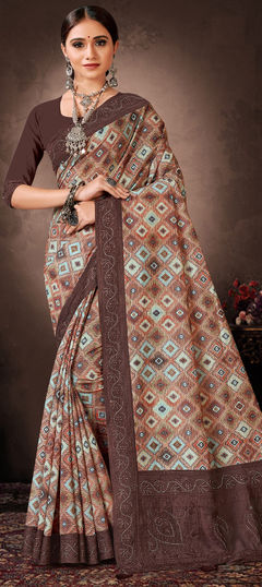 Multicolor color Saree in Chanderi Silk fabric with Border, Digital Print, Embroidered, Stone work