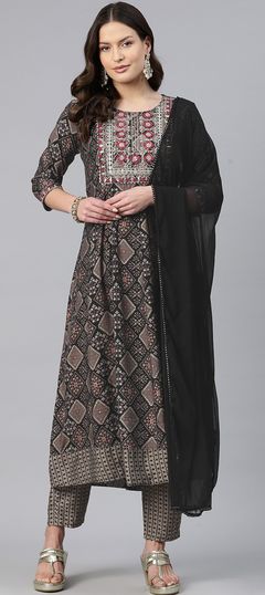 Festive, Summer, Wedding Black and Grey color Salwar Kameez in Chanderi Silk fabric with Anarkali Embroidered, Printed, Resham, Thread, Zari work : 1922881