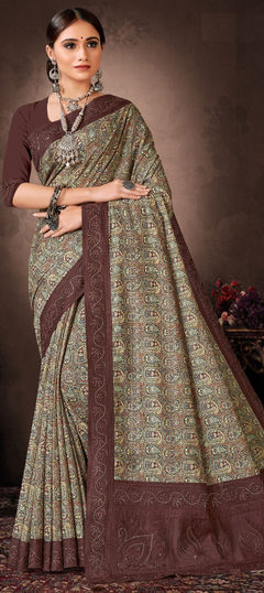 Multicolor color Saree in Chanderi Silk fabric with Border, Digital Print, Embroidered, Stone work