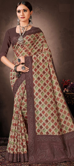 Multicolor color Saree in Chanderi Silk fabric with Border, Digital Print, Embroidered, Stone work