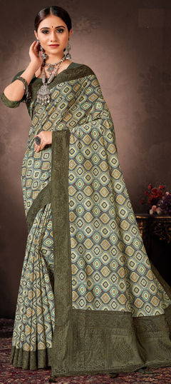 Multicolor color Saree in Chanderi Silk fabric with Border, Digital Print, Embroidered, Stone work