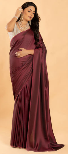 Red and Maroon color Saree in Art Silk, Silk fabric with Thread work