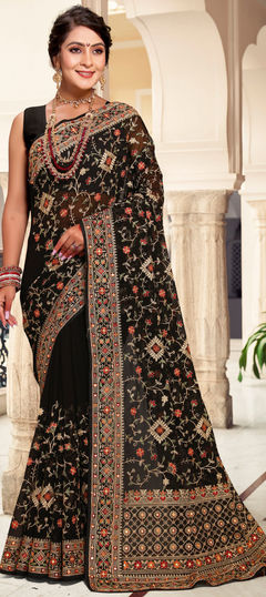 Black and Grey color Saree in Georgette fabric with Embroidered, Resham, Thread work