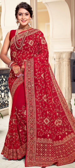 Red and Maroon color Saree in Georgette fabric with Embroidered, Resham, Thread work