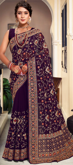 Purple and Violet color Saree in Georgette fabric with Embroidered, Resham, Thread work