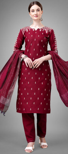 Red and Maroon color Salwar Kameez in Blended Cotton fabric with Embroidered, Sequence, Thread work