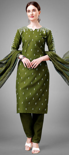 Green color Salwar Kameez in Blended Cotton fabric with Embroidered, Sequence, Thread work