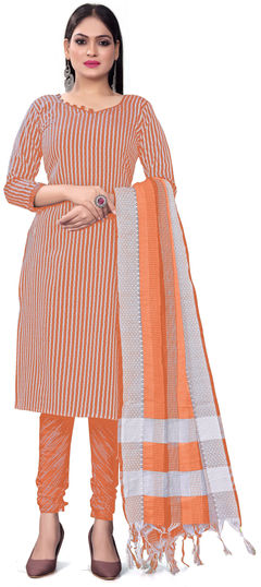 Orange color Salwar Kameez in Cotton fabric with Weaving work